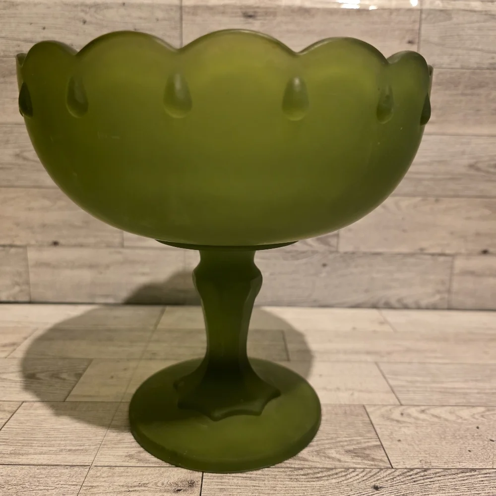 Green Frosted Glass Pedestal Compote - Unbranded